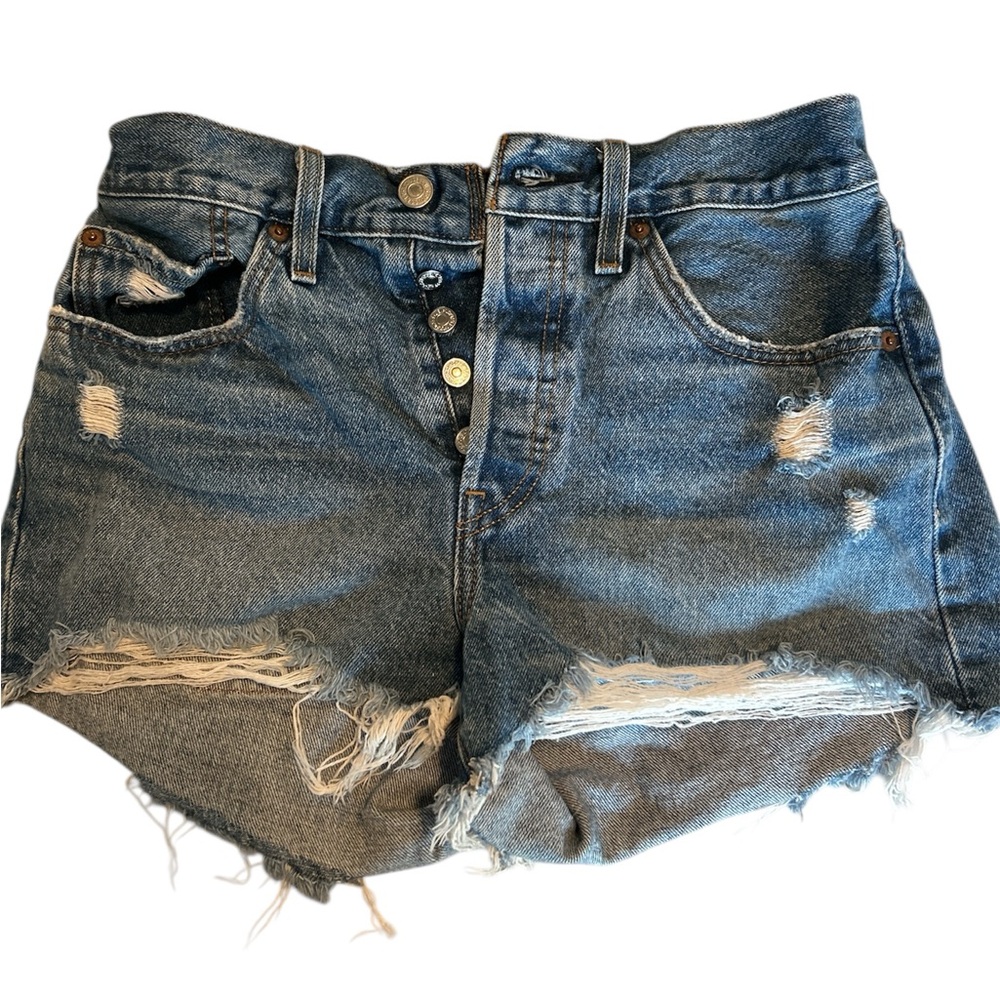 Levi's Blue Distressed Jean Shorts with Frayed Hem